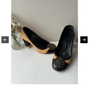 Tory Burch Black Patent and Beige Raffia Block Heels